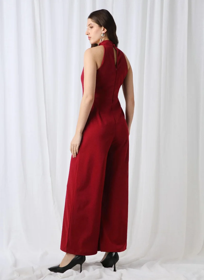 globus Maroon Globus Women Maroon Twisted Halter Neck Sleeveless Pleated Detailing Wide Leg Workwear Jumpsuit for Women | Best Price UAE